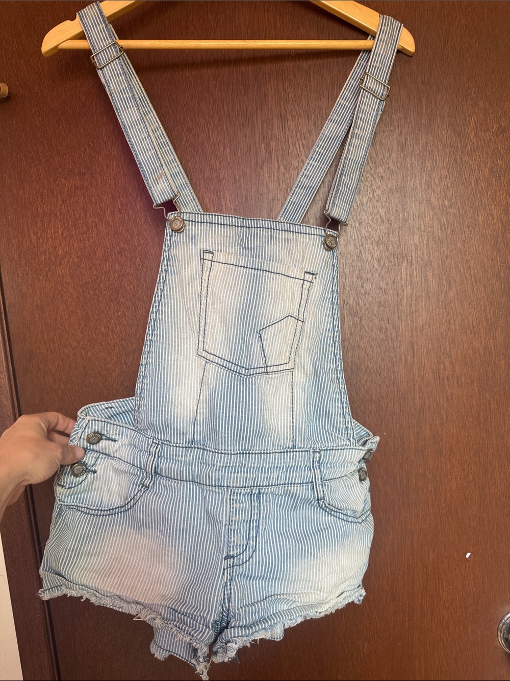 Striped Light Blue Denim Short Overalls